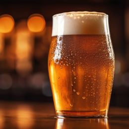 A cold pint of beer with beads of moisture forming on the glass