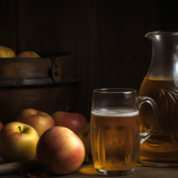 A glass of cider in front of a cider jug, next to some apples.