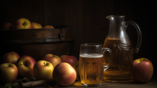 A glass of cider in front of a cider jug, next to some apples.