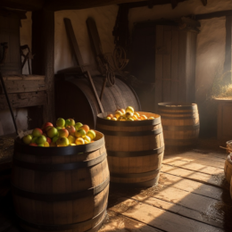 Barrels of cider apples waiting to be pressed into cider.