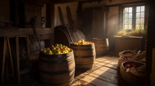 Barrels of cider apples waiting to be pressed into cider.