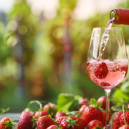 Strawberry wine being poured into a glass surrounded by fresh strawberries